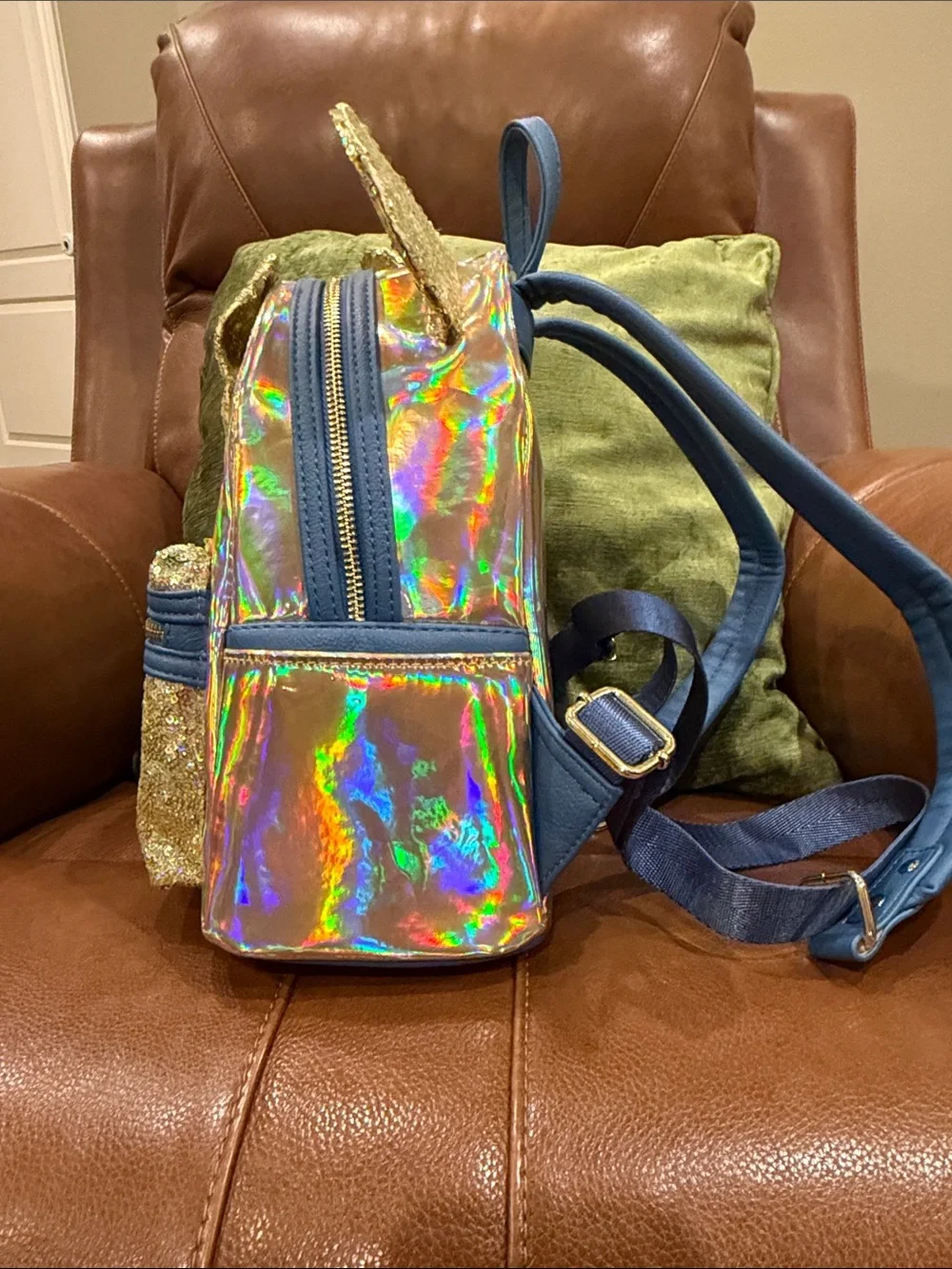 Disney Parks Gold Holographic & Sequin Minnie Mouse Loungefly Backpack with Bow